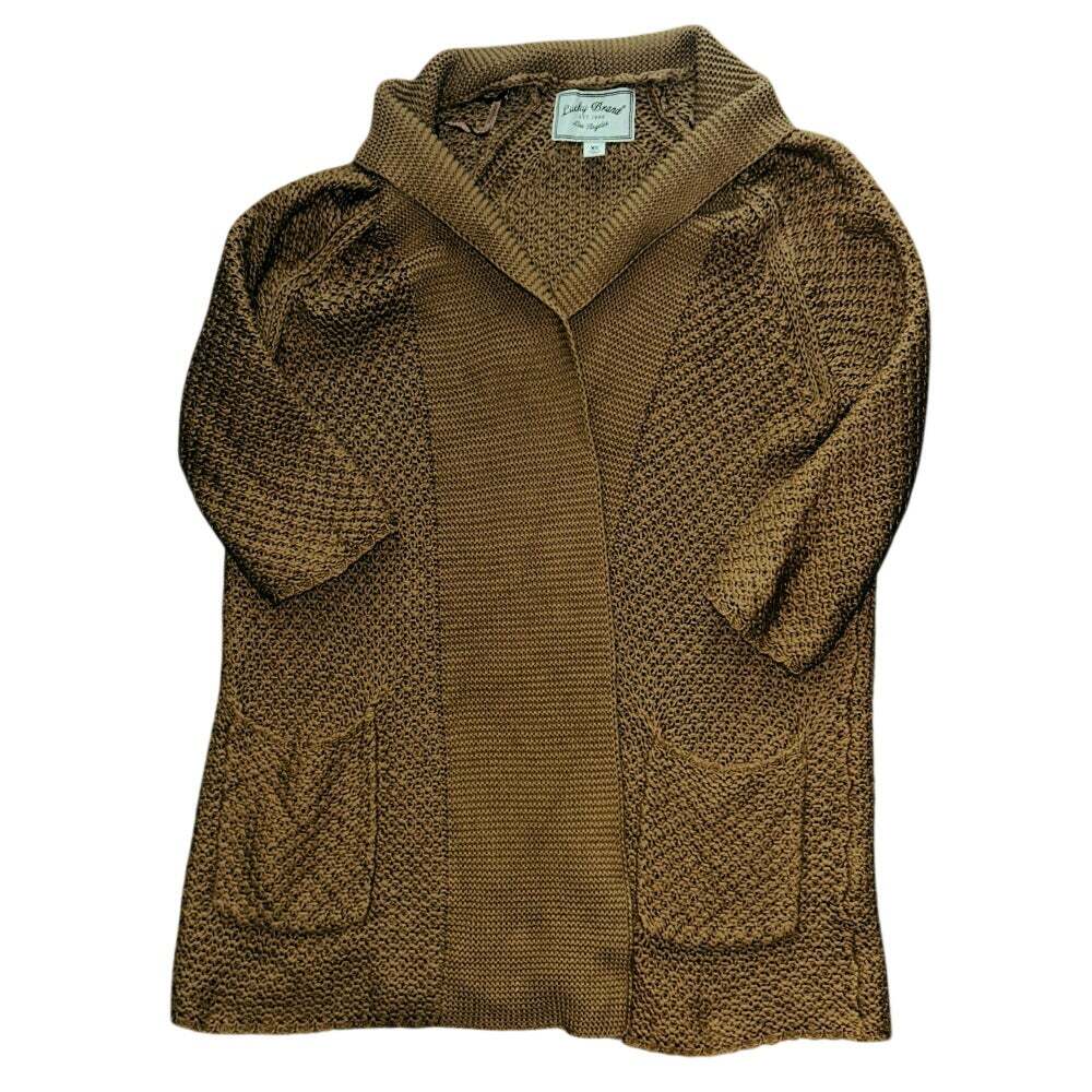 Lucky Brand Open-Front Shawl Collar 3/4 Sleeve Brown/Tan Knit Cardigan XS